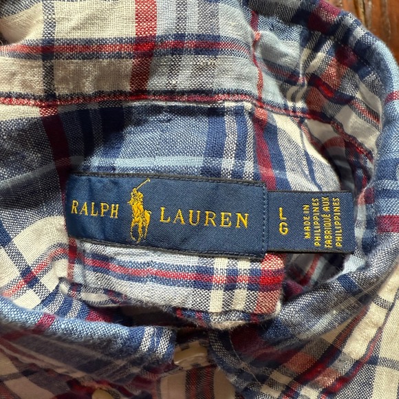 Ralph Lauren Shirt Mens Large Blue White Red Plaid 100% Linen - Picture 10 of 12
